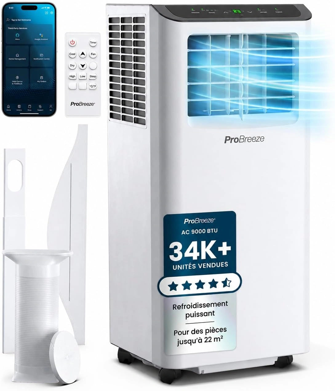 Btu, Climatiseur, 9000 BTU, Wi-Fi, avec télécommande, format mobile