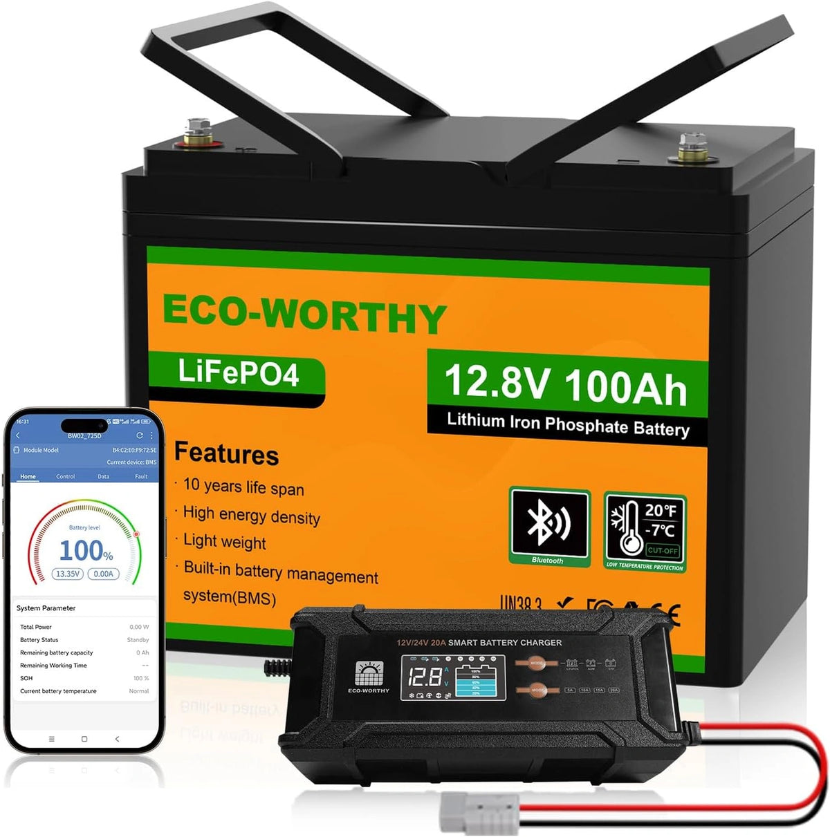 ECO-WORTHY, Batterie, 100AH, 12V, Bluetooth