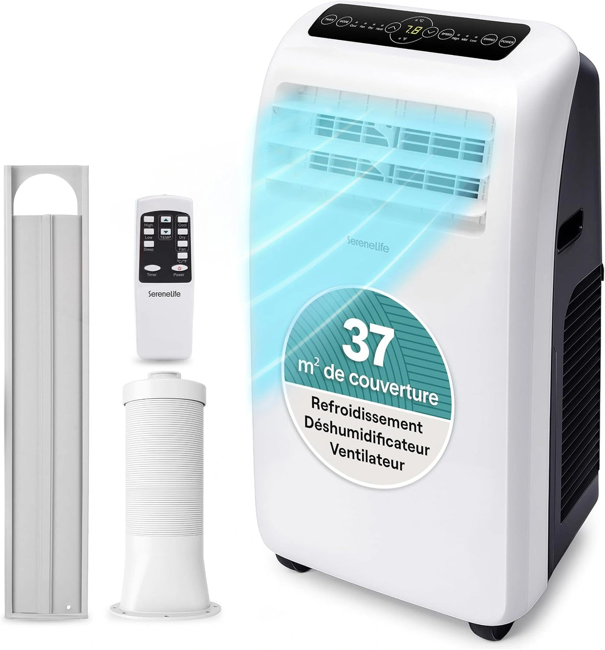 SereneLife, Climatiseur, 000 BTU, avec télécommande, déshumidification, format mobile, Blanc