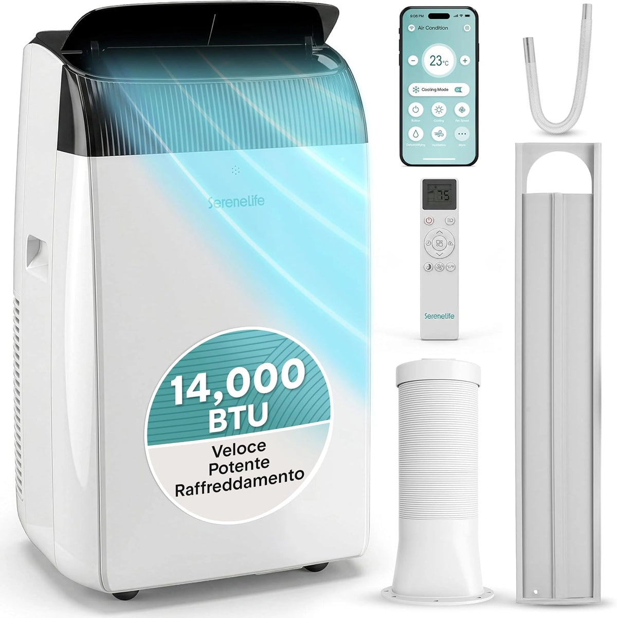 SereneLife, Climatiseur, 14000 BTU, Wi-Fi, déshumidification, refroidissement