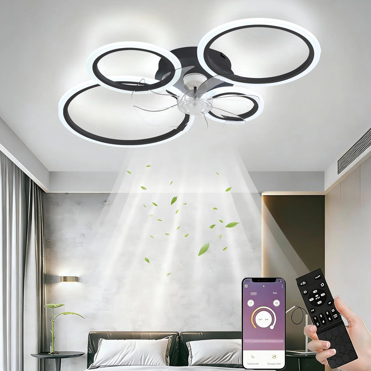 Led, Ventilateur, 96W, 80x12cm, avec télécommande, fonctionnement silencieux, Noir