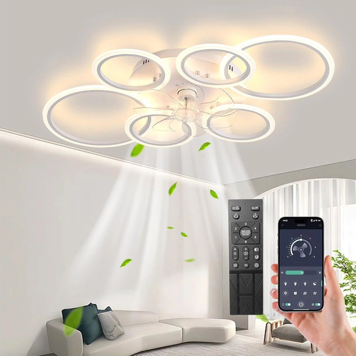 Led, Ventilateur, 105 W, avec télécommande, Blanc