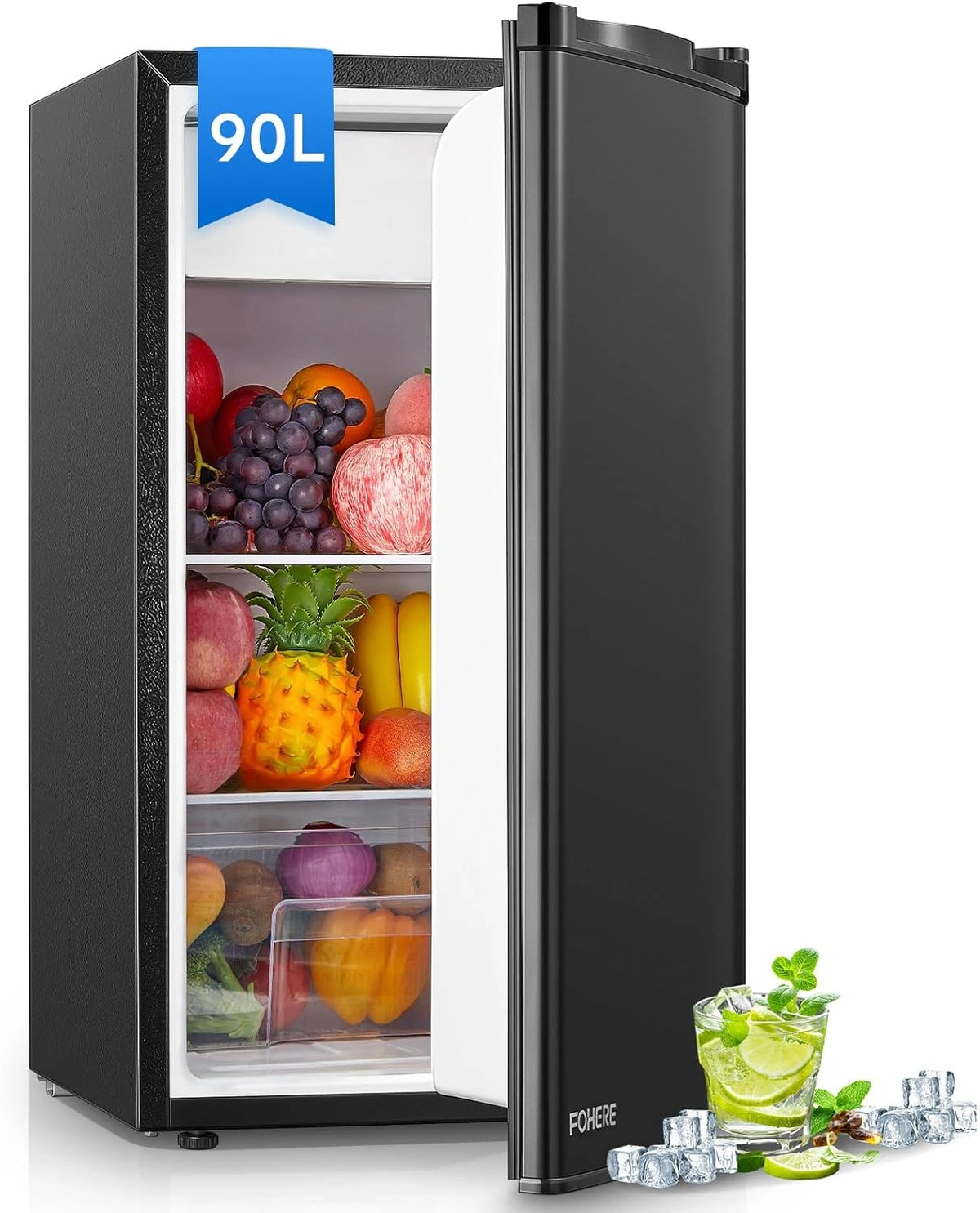 FOHERE, Réfrigérateur, 90L, fonctionnement silencieux, Noir